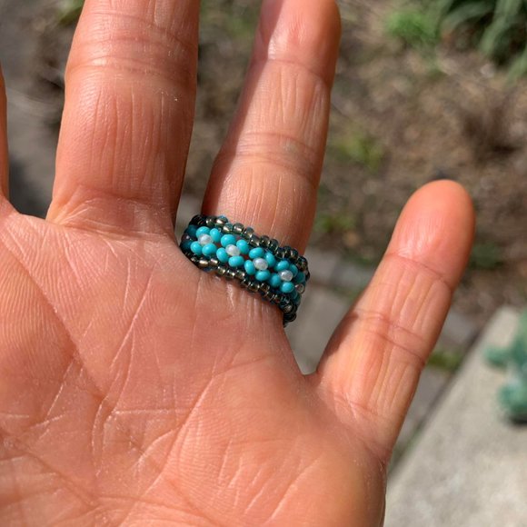 🌷3 for$25🌷Handmade Turquoise Gold & White Beaded Ring, Fits Up to Ring Size 9 - Picture 5 of 5